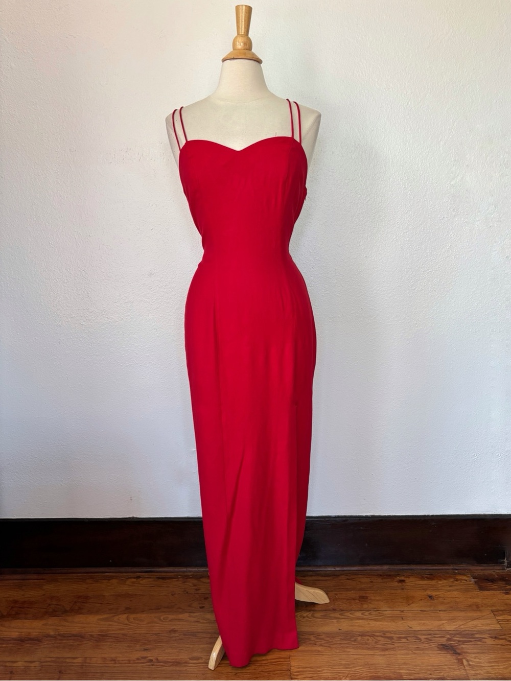 Vintage Solid Red Sleeveless Full Length Strappy Rhinestone Formal Dress